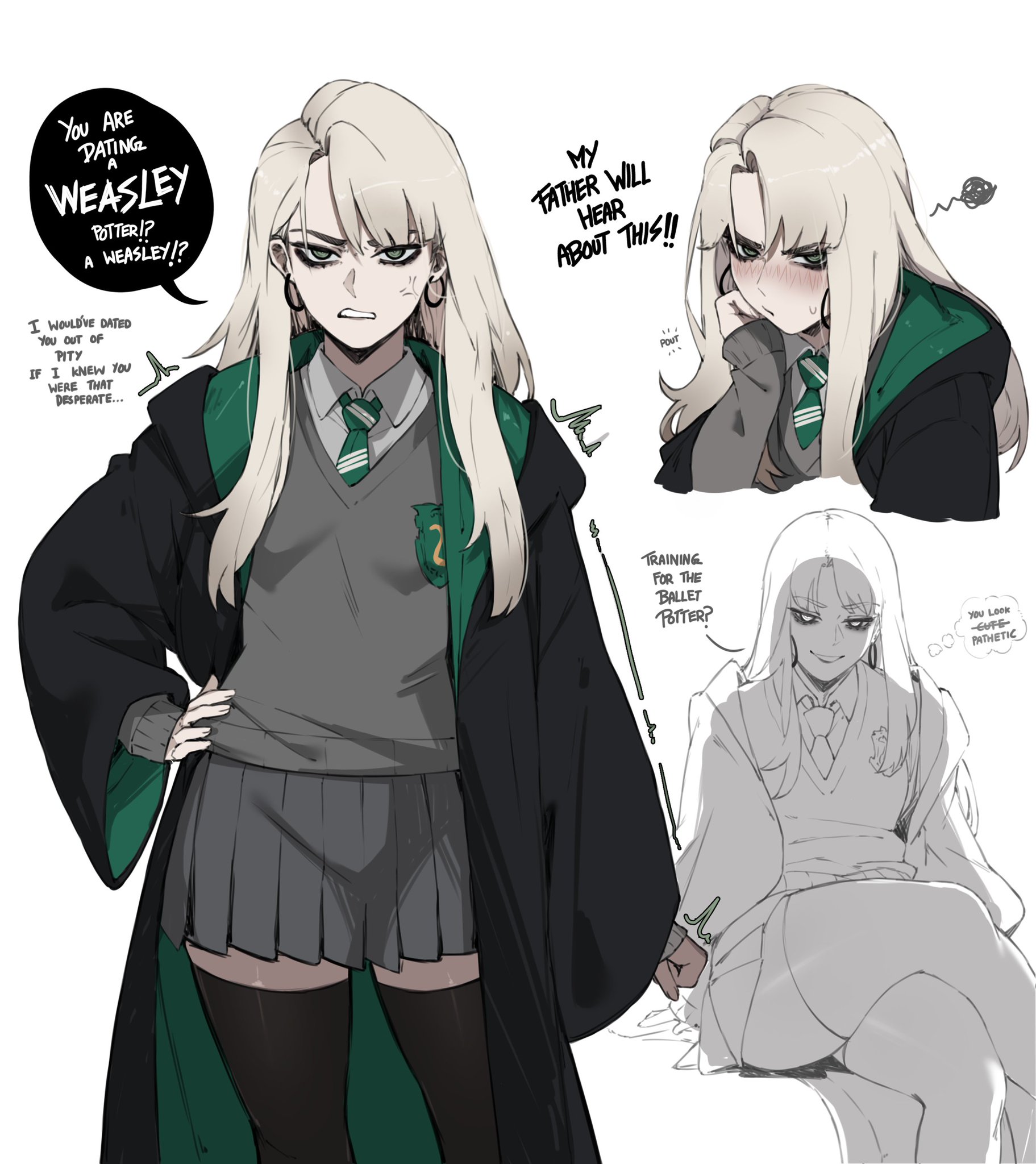 身穿斯莱特林校服、表情嘴硬的女版马尔福多格同人画